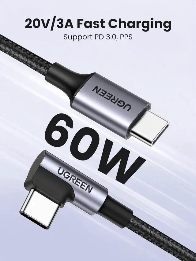 Alt view image 5 of 7 - UGREEN 90 Degree Right Angle USBC to USBC Cable 10FT, 60W PD Fast Charging TypeC Cord Compatible with iPhone 17/16, MacBook Pro/Air, iPad Pro 2022/Air 5/Mini 6, Galaxy S25/S24/S22, Pixel 8/7, Switc