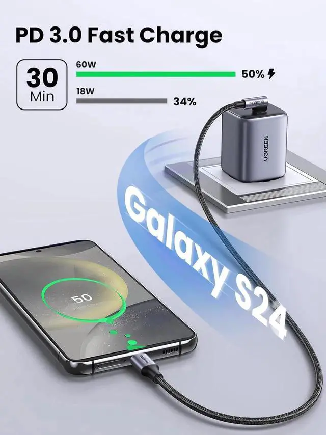Alt view image 7 of 7 - UGREEN 90 Degree Right Angle USBC to USBC Cable 10FT, 60W PD Fast Charging TypeC Cord Compatible with iPhone 17/16, MacBook Pro/Air, iPad Pro 2022/Air 5/Mini 6, Galaxy S25/S24/S22, Pixel 8/7, Switc