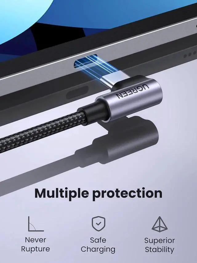 Alt view image 2 of 7 - UGREEN 90 Degree Right Angle USBC to USBC Cable 10FT, 60W PD Fast Charging TypeC Cord Compatible with iPhone 17/16, MacBook Pro/Air, iPad Pro 2022/Air 5/Mini 6, Galaxy S25/S24/S22, Pixel 8/7, Switc