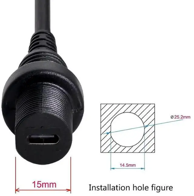 Alt view image 4 of 7 - Round FlushMount USBC Male to Female Extension Cable, USB 3.1 Gen 2 10Gbps, Waterproof & Dustproof for Car Dashboard Panel Mount