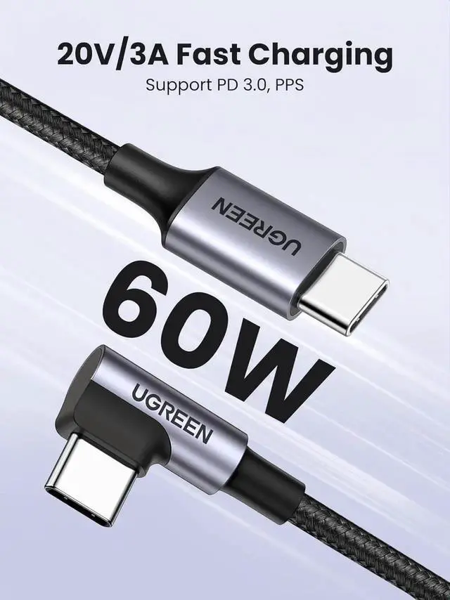 Alt view image 5 of 7 - UGREEN 90 Degree Right Angle USBC to USBC Cable 3.3FT, 60W PD Fast Charging TypeC Cord Compatible with iPhone 17/16, MacBook Pro/Air, iPad Pro 2022/Air 5/Mini 6, Galaxy S25/S24/S22, Pixel 8/7, Swit