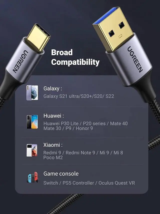 Alt view image 2 of 7 - UGREEN Nylon Braided USBA to USBC 3.0 Cable, 5Gbps HighSpeed Data Transfer & Fast Charging Cord for Android Auto, iPhone 16, Galaxy S21/S20/A53/A71, iPad Mini 6, Switch, PS5 Controller, 3.3FT