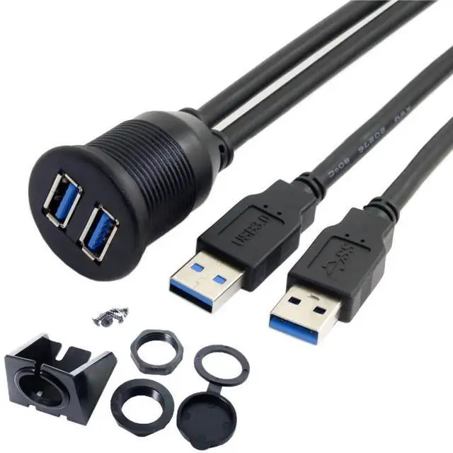 Main image of USB 3.0 DualPort Flush Mount Extension Cable, 2 Male to 2 Female PanelMount Cord for Car Dashboard Installation