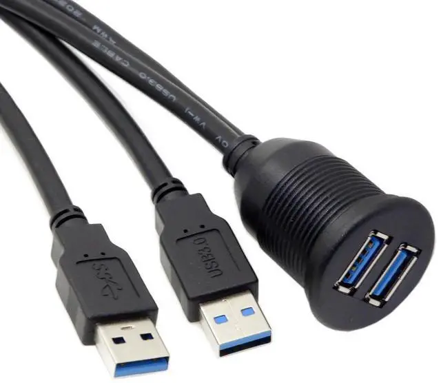 Alt view image 3 of 7 - USB 3.0 DualPort Flush Mount Extension Cable, 2 Male to 2 Female PanelMount Cord for Car Dashboard Installation