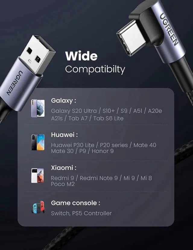 Alt view image 3 of 7 - UGREEN 90 Degree Right Angle USBA to USBC Cable, Compatible with iPhone 16/16 Plus/16 Pro/16 Pro Max/15, Galaxy S24/S23/S10/S10+, iPad mini 6/Air 5, Pixel 8/7, 3.3FT