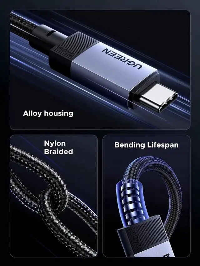 Alt view image 4 of 4 - UGREEN 240W USBC to USBC Cable 3.3FT, USB4.0 Gen3 40Gbps Data Transfer, 8K@60Hz Video Output PD3.1 Fast Charging Cable Compatible with USBC Monitors, Hubs, Docks, MacBook Air, iPhone 17/16 Pro Max,