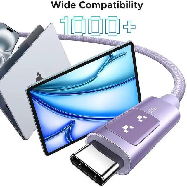 Alt view image 4 of 7 - UGREEN Uno Purple USBC to USBC Cable 3.3FT, 100W Fast Charging Cord with LED Power Display, Compatible with iPhone 17/17 Plus/17 Pro/17 Pro Max/16, MacBook Pro/Air, iPad Pro/Air, Galaxy S25 Ultra