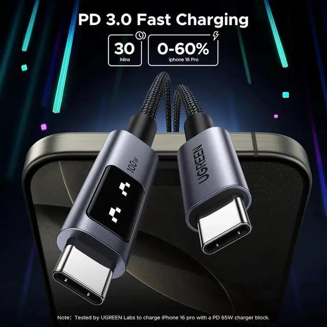 Alt view image 5 of 7 - UGREEN Uno Black USBC to USBC Cable 10FT, 100W Fast Charging Cord with LED Power Display, Compatible with iPhone 17/17 Plus/17 Pro/17 Pro Max/16, MacBook Pro/Air, iPad Pro/Air, Galaxy S25 Ultra