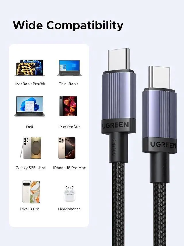 Alt view image 2 of 7 - UGREEN 2Pack 240W USBC to USBC Fast Charging Cable 6.6FT, TypeC Charger Cord Compatible with iPhone 17 Pro Max/16/15, Galaxy S25/S24/S23, Pixel 9/8/7, MacBook Pro/Air, ThinkBook, Dell XPS, iPad Pr