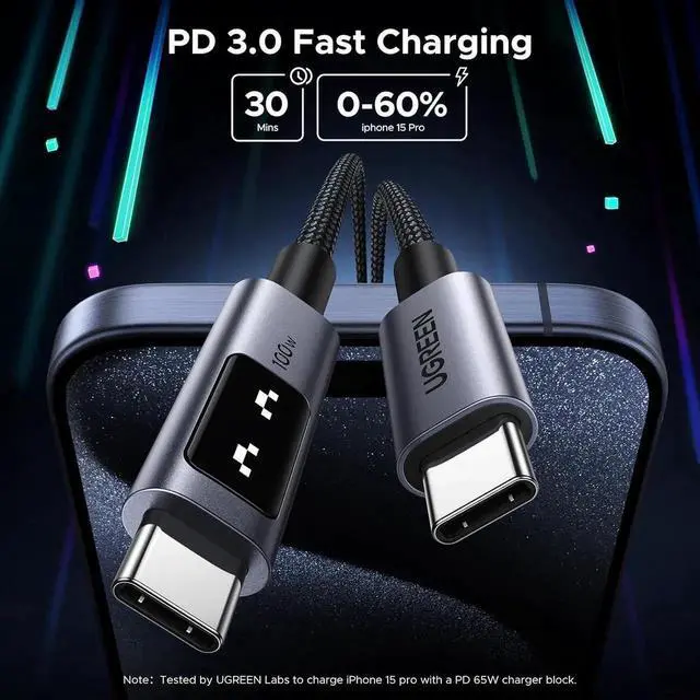 Alt view image 7 of 7 - UGREEN Uno Black USBC to USBC Cable 3.3FT, 100W Fast Charging Cord with LED Power Display, Compatible with iPhone 17/17 Plus/17 Pro/17 Pro Max/16, MacBook Pro/Air, iPad Pro/Air, Galaxy S25 Ultra