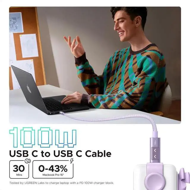 Alt view image 3 of 7 - UGREEN Uno Purple USBC to USBC Cable 6.6FT, 100W Fast Charging Cord with LED Power Display, Compatible with iPhone 17/17 Plus/17 Pro/17 Pro Max/16, MacBook Pro/Air, iPad Pro/Air, Galaxy S25 Ultra