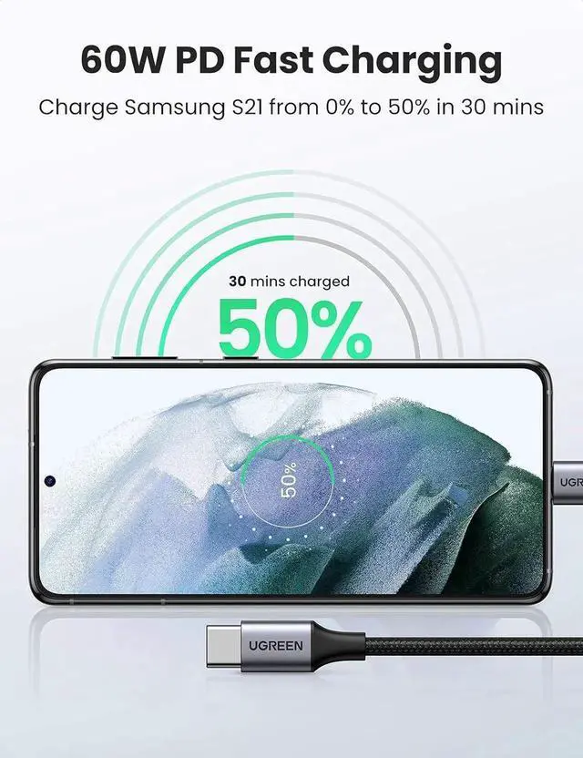 Alt view image 2 of 7 - UGREEN 2Pack Nylon Braided 60W USBC to USBC Fast Charging Cable 10FT, TypeC Cord Compatible with iPhone 17/16, Galaxy S25/S24/S22, Pixel 8/7, MacBook Air/Pro, Dell XPS, iPad Pro/Mini/Air, Switch,
