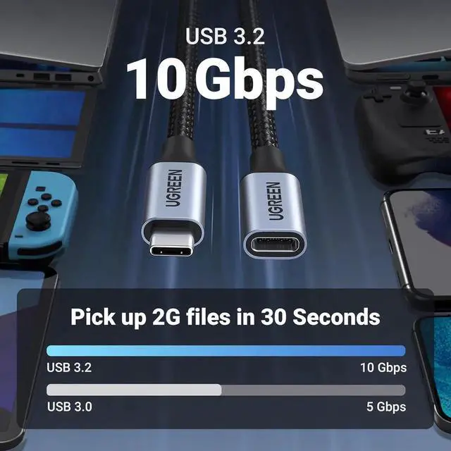 Alt view image 3 of 7 - UGREEN Grey 1m USBC 3.2 Extension Cable, 10Gbps Data Transfer, 100W PD Fast Charging & 4K@60Hz Video Output, Compatible with iPhone 16/15, M3 MacBook Pro/Air, iPad Air 2024, Galaxy S24 Ultra, Switch