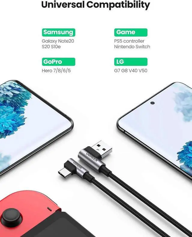 Alt view image 5 of 7 - UGREEN 90 Degree RightAngle USBA to USBC Fast Charging Cable 3.3FT, Compatible with iPhone 16 Series/15, Samsung Galaxy S10/S10+, Pixel 7/6a, LG G8/G7, Switch