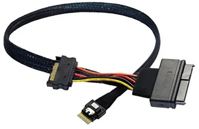 Alt view image 3 of 5 - 19.68 Inches Mini Slimline SAS SFF8654 4i 38P to U.2 SFF8639 ServerGrade Cable with SATA 15Pin Male Power Connector, 24Gbps, 32AWG HighSpeed