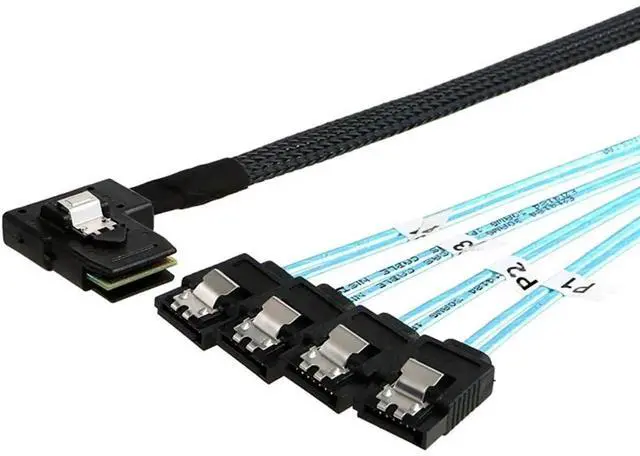Main image of 0.5M Mini SAS SFF8087 LeftAngle to 4×Straight SATA Female Internal Server Cable 30AWG HighSpeed Data Cord, 10Ohm Impedance