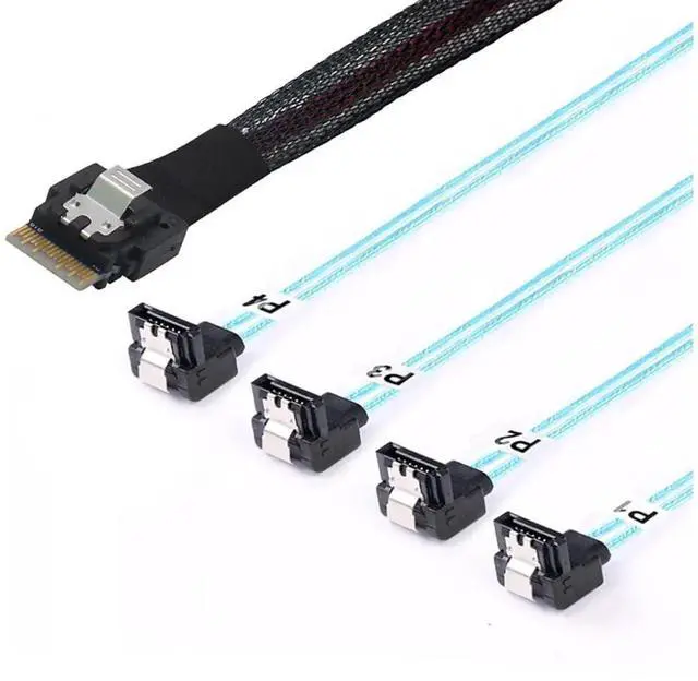 Main image of 0.5M (19.68in) PCIe Slimline SAS 4.0 SFF8654 4i 38Pin to 4×90° RightAngle SATA Female Server Cable, 30AWG HighSpeed Internal Harness