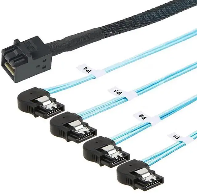 Main image of 1m/39.37in Mini SAS HD SFF8643 to 4X LeftAngle SATA Internal HighSpeed Server Cable, 30AWG 12Gbps Breakout Harness