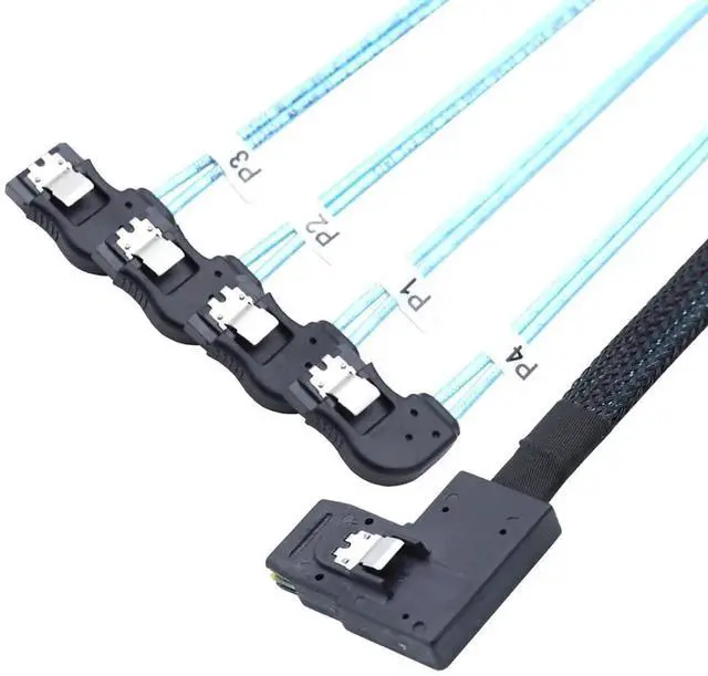 Alt view image 3 of 5 - 0.5M/19.68in Mini SAS HD SFF8087 RightAngle to 4X RightAngle SATA 7Pin Internal Server Cable, 30AWG Copper Harness, 12Gbps HighSpeed Data Transfer