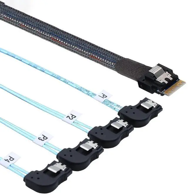 Alt view image 2 of 6 - 0.5M/19.68in PCIe Slimline SAS 4.0 SFF8654 38Pin to 4×SATA 7Pin LeftAngle HighSpeed Server Cable, 30AWG Data Transfer Cable for RAID Controller, HDD & SSD
