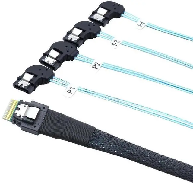 Alt view image 4 of 6 - 0.5M/19.68in PCIe Slimline SAS 4.0 SFF8654 38Pin to 4×SATA 7Pin LeftAngle HighSpeed Server Cable, 30AWG Data Transfer Cable for RAID Controller, HDD & SSD