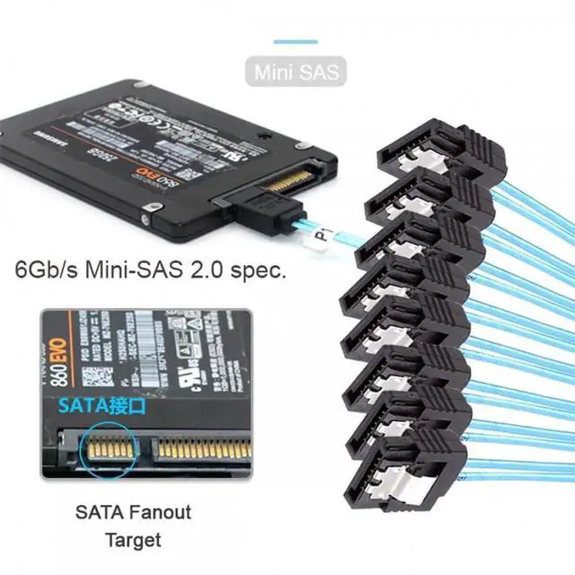 Alt view image 6 of 7 - 50cm Slimline SAS 4.0 SFF8654 8i 74Pin Host RAID to 8 SATA 7Pin Target Hard Disk Fanout Cable, 1to8 Splitter Server Cable
