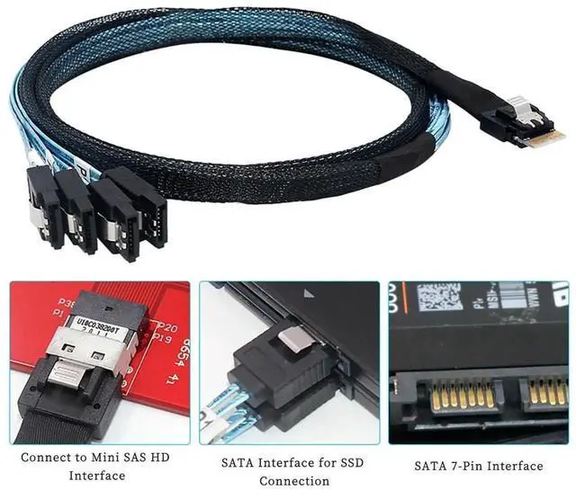 Alt view image 6 of 6 - 1M Slimline SAS SFF8654 4i 38P to 4X SATA Server Cable, 30AWG 10 Ohm HighSpeed Internal FlattoFlat Connection Cable, Black