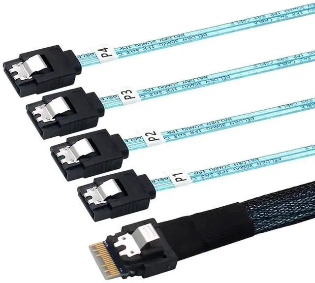 Alt view image 3 of 6 - 1M Slimline SAS SFF8654 4i 38P to 4X SATA Server Cable, 30AWG 10 Ohm HighSpeed Internal FlattoFlat Connection Cable, Black