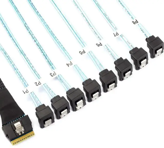 Alt view image 2 of 6 - 0.5M PCIe Slimline SAS SFF8654 8i to 8×SATA 90 Degree Server Cable, 24Gbps HighSpeed 32AWG 8Channel Hard Drive Data Transfer Cord