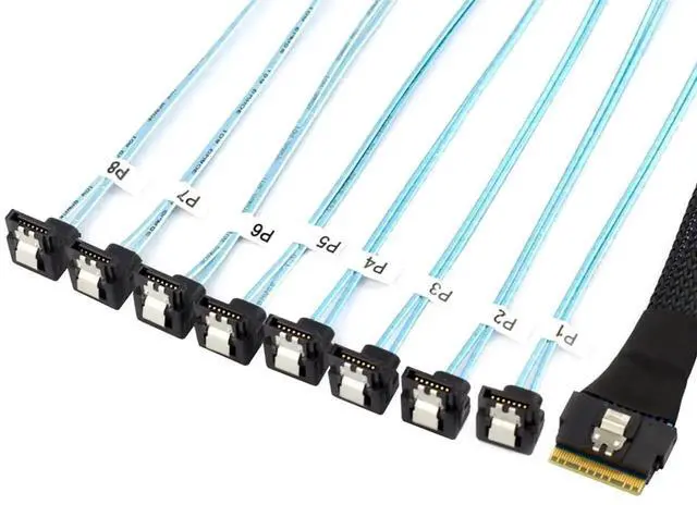 Alt view image 3 of 6 - 0.8M PCIe Slimline SAS SFF8654 8i to 8×SATA 90 Degree Server Cable, 24Gbps HighSpeed 32AWG 8Channel Hard Drive Data Transfer Cord