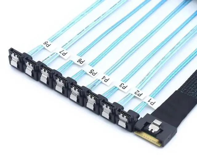 Alt view image 4 of 6 - PCIE Slimline SAS SFF8654 8i to 8×SATA 90Degree Fanout Cable, FullCover AntiMisplug Design, 24Gbps HighSpeed Server Data Cable, 1m / 39.37in