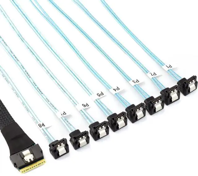 Main image of PCIe Slimline SAS SFF8654 8i to 8×90Degree SATA Server Fanout Cable, 24Gbps HighSpeed 8Channel Hard Drive Data Cord, 32AWG, 0.8M