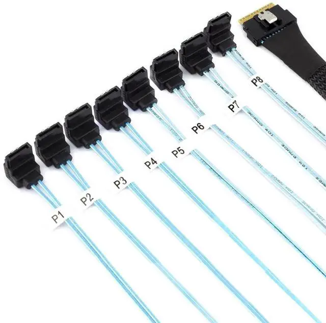 Alt view image 6 of 6 - PCIe Slimline SAS SFF8654 8i to 8×90Degree SATA Server Fanout Cable, 24Gbps HighSpeed 8Channel Hard Drive Data Cord, 32AWG, 0.8M