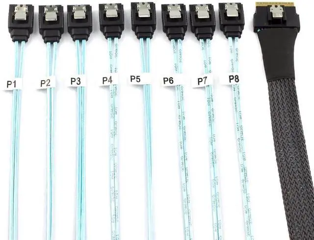Alt view image 3 of 5 - PCIe Slimline SAS SFF8654 8i to 8×Straight SATA Server HDD Breakout Cable, 12Gbps HighSpeed, 30AWG, 100Ohm Impedance, 19.68 Inches