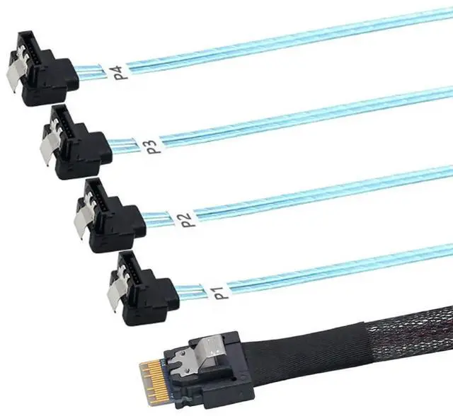 Alt view image 3 of 6 - PCIe Slimline SAS 4.0 38Pin SFF8654 4i to 4×90Degree Female SATA Server Cable, 30AWG HighSpeed Internal Harness, 1m / 39.37in