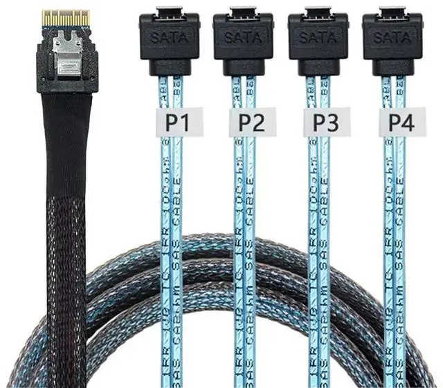 Alt view image 2 of 6 - PCIe Slimline SAS 4.0 38Pin SFF8654 4i to 4×90Degree Female SATA Server Cable, 30AWG HighSpeed Internal Harness, 1m / 39.37in