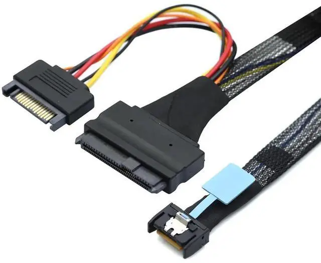 Alt view image 3 of 6 - Gen5 MCIO Slimline SFF8654 4I to SAS SFF8639 U.2 Cable with 15Pin SATA Power, 30Gbps HighSpeed Copper Harness, 0.5M/19.68in