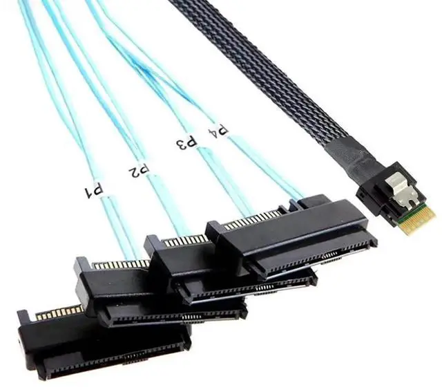 Alt view image 3 of 6 - PCIe Slimline SAS 4.0 38Pin SFF8654 4i to Dual SFF8482 2in1 Server Cable with SATA Power, 30AWG 24Gbps HighSpeed Copper Harness, 0.5M/19.68in