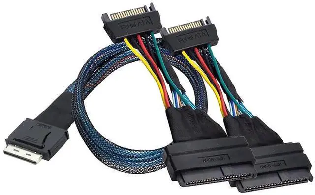 Alt view image 2 of 6 - OCuLink PCIe SFF8611 8X to Dual SFF8639 U.2 Cable with 15Pin SATA Power, 32AWG Copper HighSpeed Harness, 12Gbps, 1m/39.37in