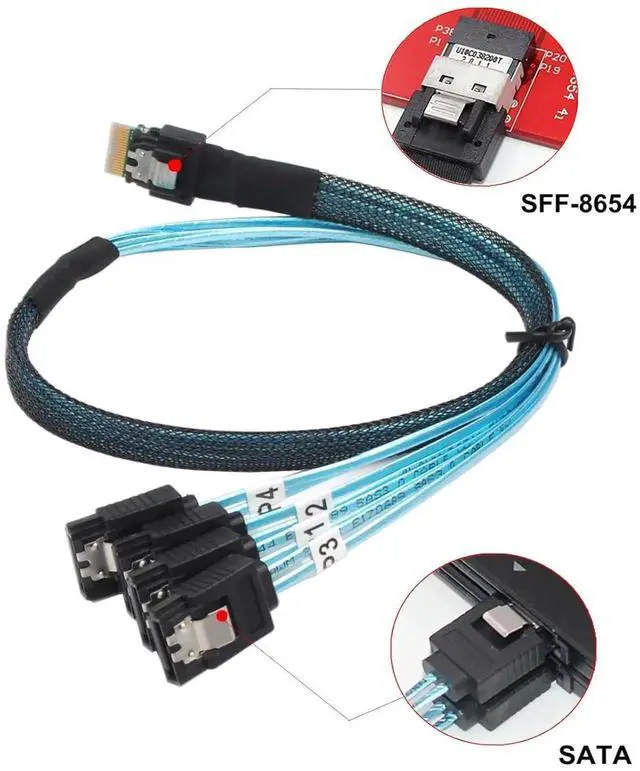 Alt view image 2 of 5 - Internal Mini SAS to SATA Cable, SFF8654 to SATA 12Gbps HighSpeed Connecting Line, MultiLane Mini SAS Host Internal Server Cable, 1.6FT, 2Pack