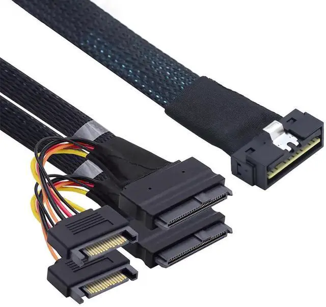 Main image of LP LowProfile SFF8654 8i 74Pin to Dual SFF8639 U.2 + 15Pin Power Server Cable, 32AWG HighSpeed Interconnect, 1M