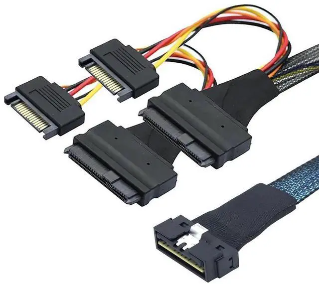 Alt view image 4 of 6 - LP LowProfile SFF8654 8i 74Pin to Dual SFF8639 U.2 + 15Pin Power Server Cable, 32AWG HighSpeed Interconnect, 1M