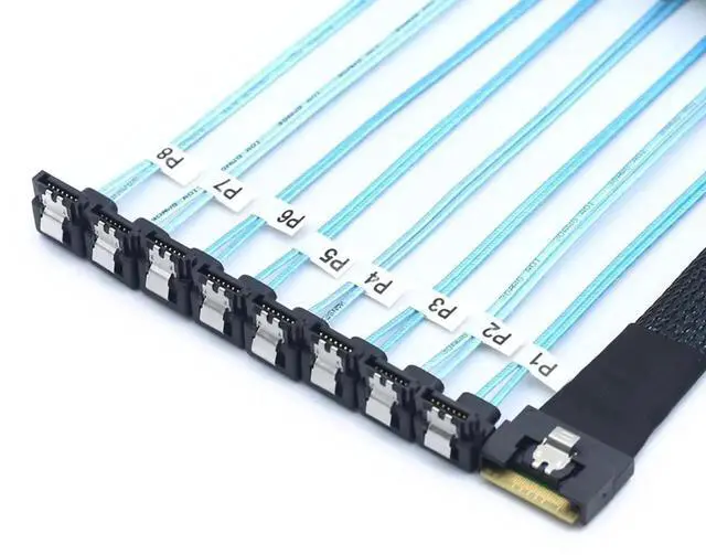 Alt view image 4 of 6 - PCIE Slimline SAS SFF8654 8i to 8Port 90Degree SATA Cable, FullCover AntiMisplug Design, 24Gbps HighSpeed Server Data Cable, 0.5M/19.68in