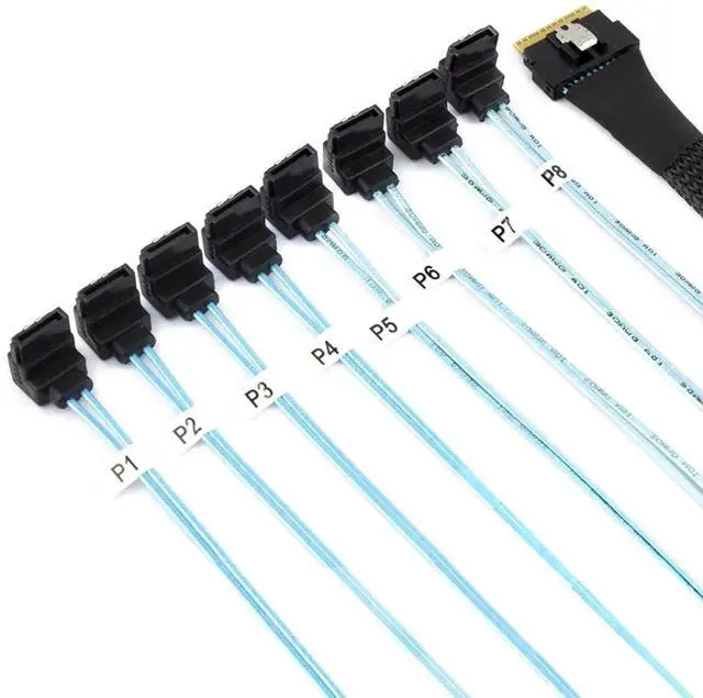 Alt view image 6 of 6 - PCIe Slimline SAS SFF8654 8i to 8Port 90Degree SATA Server Cable, 24Gbps HighSpeed 32AWG 8Channel Hard Drive Data Transfer Cord, 1M