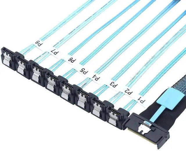 Main image of MCIO PCIe SAS SFF8654 8i 74Pin to 8×SATA 7Pin Female 90Degree Cable, 32AWG HighSpeed Server Hard Drive Adapter, 0.5M