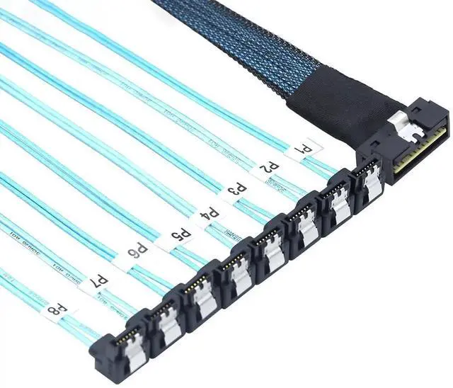 Main image of SlimSAS LP LowProfile SFF8654 8i 74Pin to 8×SATA 7Pin 90Degree Cable, 30AWG Server Internal HighSpeed Connection Harness, 0.8M