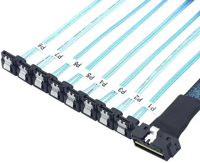 Alt view image 2 of 6 - SlimSAS LP LowProfile SFF8654 8i 74Pin to 8×SATA 7Pin 90Degree Cable, 30AWG Server Internal HighSpeed Connection Harness, 0.8M