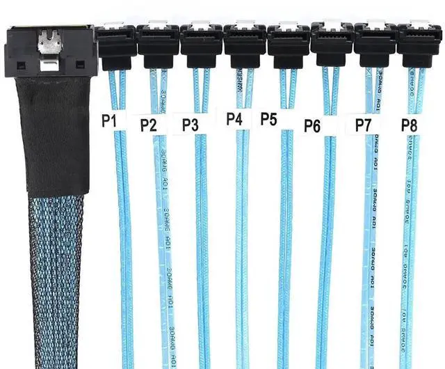 Alt view image 4 of 6 - SlimSAS LP LowProfile SFF8654 8i 74Pin to 8×SATA 7Pin 90Degree Cable, 30AWG Server Internal HighSpeed Connection Harness, 0.8M