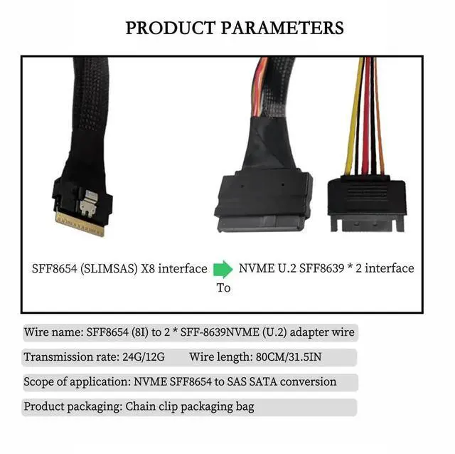 Alt view image 3 of 6 - SFF8654 8i to Dual SFF8639 NVMe (U.2) Cable, 80cm SlimSAS to SAS/SATA Data Transfer Cable Compatible with NVMe SSDs
