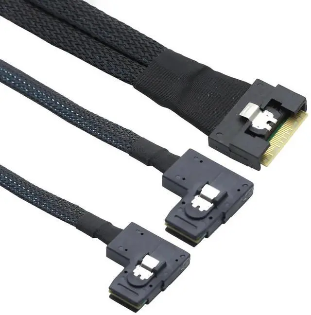 Alt view image 4 of 6 - AntiMisplug PCIe Slimline SAS SFF8654 8i to Dual SAS SFF8087 RightAngle Server Cable, 32AWG HighSpeed Copper Wire Harness, 0.5M/19.68in